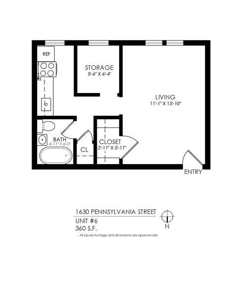 A floor plan for a unit at 1630 Pennsylvania Street shows a living area, a bathroom, a storage area, and a closet.